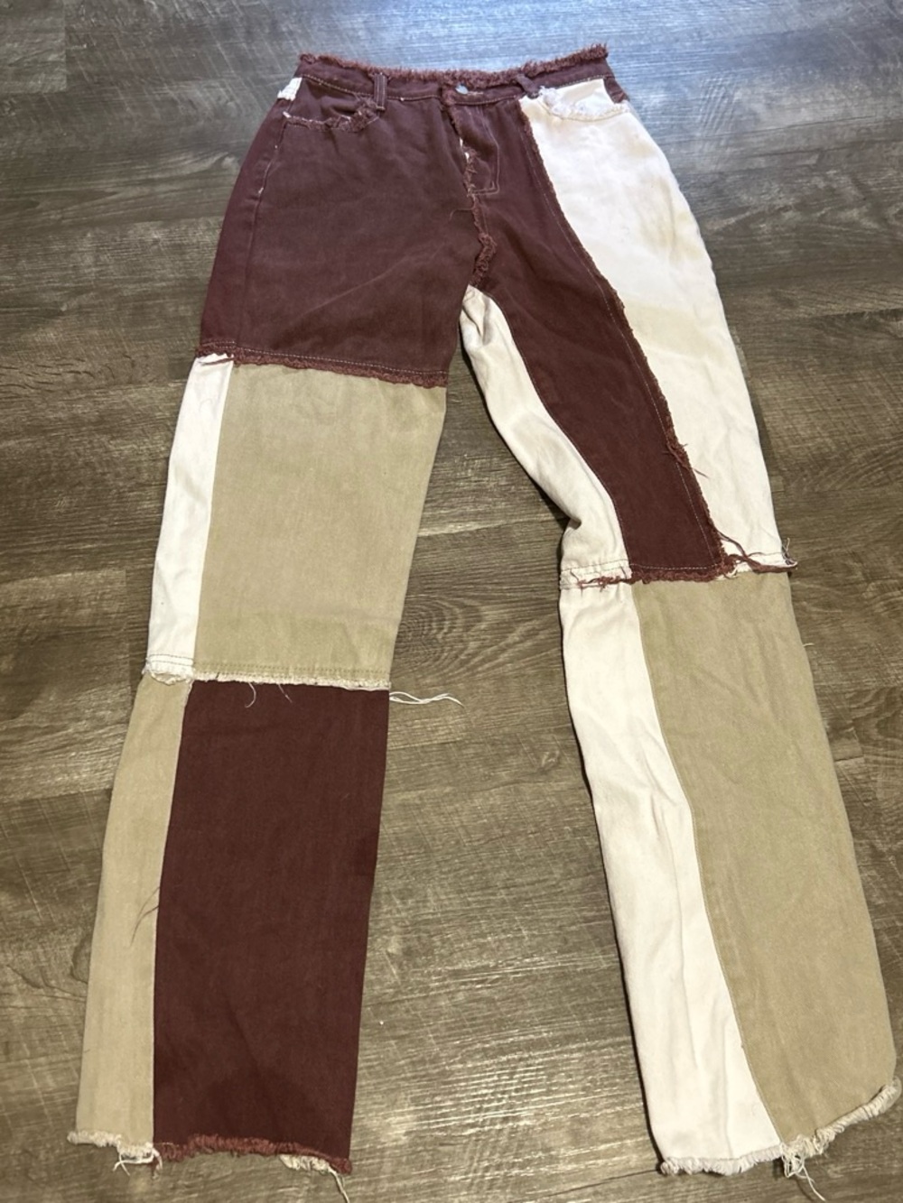 Maroon Cream and White Patch Design Jeans